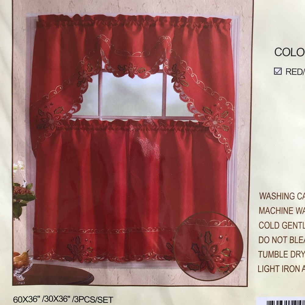 Christmas Poinsettia Embroidered Kitchen Curtain